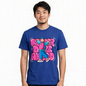 เสื้อยืดแขนสั้นสีน้ำเงินสำหรับผู้ชายพิมพ์ลายการ์ตูนสไตล์สตรีทคอกลมทรงปกติผ้าฝ้ายสำหรับผู้ชาย - Product Image 2