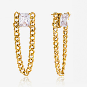 Pendientes Colgantes Cuadrados de Acero Inoxidable con Zirconia y Oro de 18K, Engaste de Bisel, Joyería Geométrica con Borlas para Uso Diario - Product Image 1