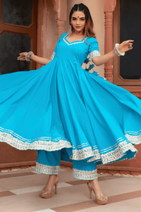 ชุด anarkali ผ้าฝ้ายแท้สีฟ้า kalamkari พร้อมตาข่ายนุ่มชุด anarkali ผ้าฝ้ายลายเรียบๆ - Product Image 4