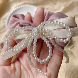 Coleteros <span class=keywords><strong>de</strong></span> gasa elásticos <span class=keywords><strong>de</strong></span> satén con lazo <span class=keywords><strong>de</strong></span> cinta estilo ballet retro francés y perlas metálicas para mujer - Product Image 2