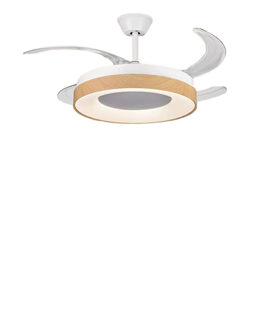 Modern LED Ceiling Fan with Wood Ring 4 Blades DC Motor Remote Control Dimmable Light 2700K Soft Warm White Flush Mount