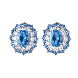 High-Grade Fashion Eco-friendly Copper Oval Cut 6*8mm Blue Zircon Pendant <b>Earrings</b> Flowers Design Necklace Jewelry <b>Set</b> for Women - Product Image 2