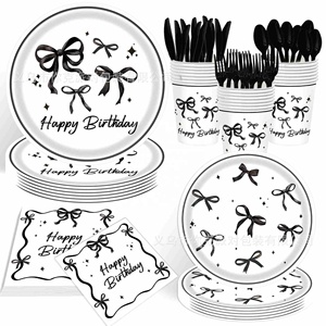 Ensemble de vaisselle jetable en <span class=keywords><strong>papier</strong></span> avec nœuds noirs, thème fête, assiettes, gobelets, <span class=keywords><strong>serviettes</strong></span>, pour anniversaire d'enfants, fêtes, vente chaude - Product Image 1
