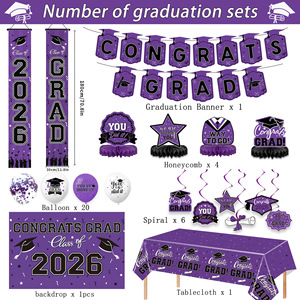 Purple Graduation Party Decoration Set Class of 2026 Tablecloth Banner <b>Balloons</b> Photo Backdrop Easy Assemble - Product Image 2