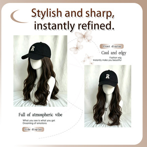 Perruque de 22 pouces de long, cheveux synthétiques lisses naturels, semi-nouée à la main, avec filet en maille rose, <span class=keywords><strong>style</strong></span> casquette de baseball, broderie lettre <span class=keywords><strong>R</strong></span>, <span class=keywords><strong>r</strong></span>églable, noire - Product Image 3