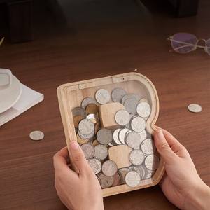 Caja de dinero con letras de madera, lata de ahorro transparente con diseño en inglés, regalo creativo para vacaciones y solución de almacenamiento de dinero - Product Image 2