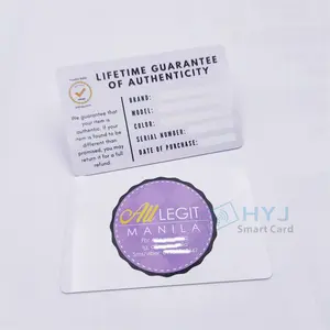 Impression de logo personnalisé Carte de garantie en plastique Cartes d'authenticité en PVC
