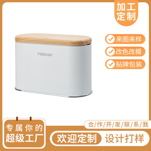 Feidash Wood Grain Lid Mini Desktop Wastebasket 4L Rectangular <b>Push</b> Button Storage Bucket For Home Office <b>Car</b> - Product Image 5