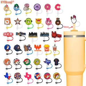 10mm vente chaude en gros beignet réutilisable breloques de paille à boire kawaii castor silicone paille toppers Texas Series