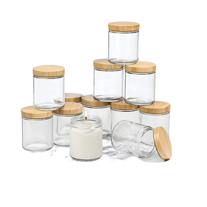 Hot Sale 12 Pack 8 OZ Thick Glass Candle Stand with Bamboo <b>Lids</b> Bulk Clear Round for Making Candles Offset Printing - Product Image 1