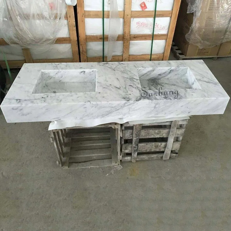 Prefab Carrara Atasan Rias Kamar Mandi, Wastafel Ganda Marmer Putih