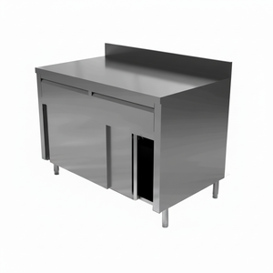 Tavolo in acciaio inossidabile con porte scorrevoli e backsplash - Product Image 1