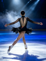 Robe de patinage artistique noire à col montant, dos en V profond en maille, strass colorés, jupe asymétrique pour filles et adultes