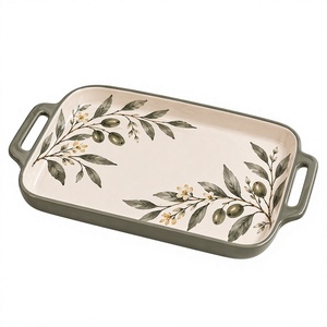 Casserole en céramique profonde <span class=keywords><strong>de</strong></span> style provençal OEM, peinte à la main, avec <span class=keywords><strong>des</strong></span> poignées vertes en forme <span class=keywords><strong>de</strong></span> branche d'olivier, pour la cuisine à la maison - Product Image 2