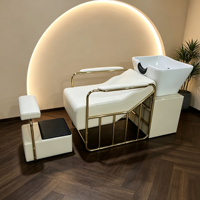 Fauteuil de lavage de luxe pour salon de coiffure, avec cadre doré et cuir PU blanc
