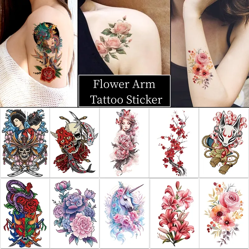 Tatuagem clássica sexy personalizada de corpo à prova d'água 3D flor rosa realista tatuagem temporária de meio braço