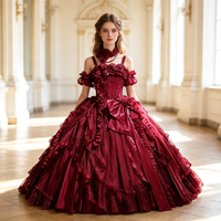 Gaun Pengantin Gothic Lolita Wanita Model Off Shoulder Motif Mawar, Gaun Merah Vintage Panjang Menyentuh Lantai untuk Pesta Prom