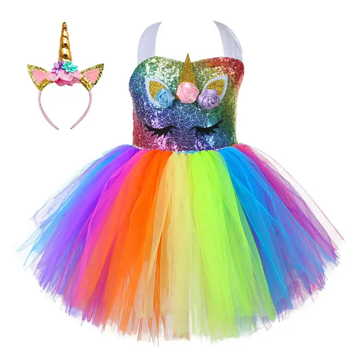 2023 Weihnachts feier Einhorn Stirnband Tutu Kleid Kinder kleid Party Kleid Design Kinder Mädchen Kleider Regenbogen Baumwolle Sommer OEM