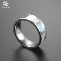 Bagues ou alliances tendance en carbure de tungstène plat argenté de 8 mm avec incrustation de coquille d'ormeau bleue sertie en canal, bijoux unisexes