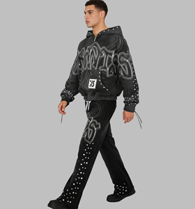 เสื้อฮู้ดครอปแบบมีซิปคู่ประดับเพชรเทียม สไตล์ลำลองสำหรับฤดูใบไม้ร่วง ผ้าหนานุ่มฟอกสีซีดแบบย้อมกรด พร้อมกางเกงวอร์มสตรีทแวร์ - Product Image 2