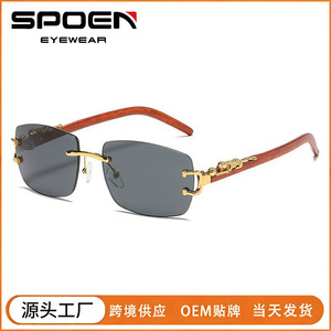 <b>Retro</b> Rimless Rectangle <b>Sunglasses</b> UV400 Wood Frame Unisex Sun Protection Adult - Product Image 5