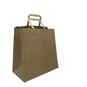 Custom Logo Wide Gusset Heavy Duty Restaurant Hot Food Togo Take Carry Out Takeout To Go Takeaway Brown White Kraft Paper Bags