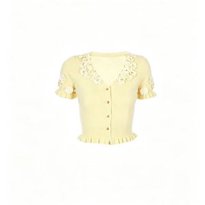 Dalang Sweater Factory Women's Knitted Cardigan Short Sleeve <b>Sweet</b> Style <b>Flower</b> Embellished Slim Fit Breathable Summer Top - Product Image 4
