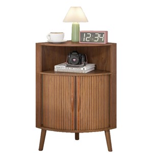 A modern, curved corner cabinet with recessed storage unit, perfect for <b>small</b> spaces, featuring a <b>sliding</b> door side table. - Product Image 2