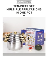 LOVFE Ensemble de 10 casseroles en acier inoxydable avec couvercles en verre - Ustensiles de cuisson à induction pour la cuisine - Marmites à soupe à double poignée