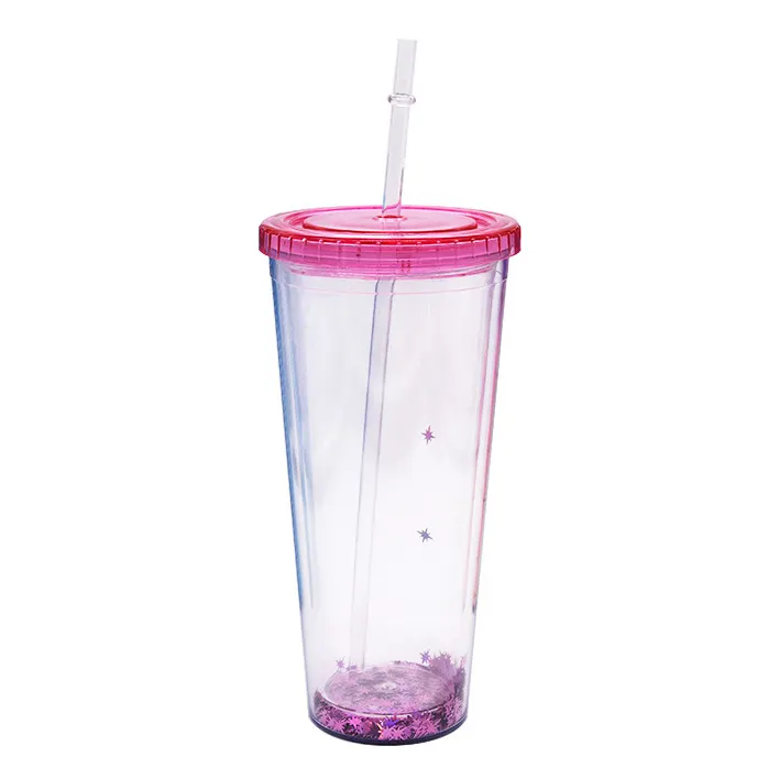 Custom Logo Herbruikbare 24 Oz Acryl Plastic Dubbelwandige Clear Sneeuwbol Water Drink Tumbler Beker Met Deksel En Stro