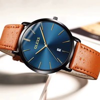 SKED Montre à quartz élégante pour femme, boîtier rond de 36 mm, cadran bleu, bracelet en cuir ton or rose, affichage analogique, fine de 6,5 mm, 5869