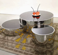 Table basse de salon en acier inoxydable de luxe, miroir, 3-en-1, ronde, très vendue