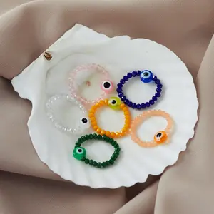 Cute Evil Eye Ring Glass Beaded Colored Resin Red White Eye Beads Stretchable Ring Blue Eye Protection Jewelry