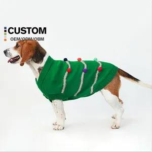 工場カスタマイズマルチカラーピュアコットンドッグクリスマスセーターデザイナードッグセーターグリーンニットペットセータークリスマス杖