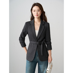 Women's Slim Fit Blazer Three Quarter Sleeve With Belt Casual Style For Spring Autumn 2025 Anti-Wrinkle Gray - Product Image 4