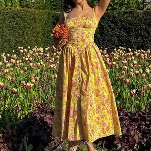 Nouvelle Robe d'été boutonnée pour femme, style bustier, à imprimé floral, bretelles spaghetti, coupe trapèze, idéale pour les vacances à la plage - Product Image 1