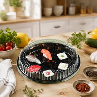 Plateau à sushi jetable japonais personnalisé, boîte à sushi ronde en plastique PP noire, conteneur alimentaire avec couvercle anti-buée, impression UV