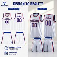 Ensemble d'uniformes de basketball pour jeunes Varsity, maillot de basketball personnalisé par sublimation blanc et bleu à rayures fines pour garçons, idéal pour les jours de match scolaire