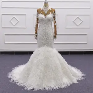 Eslieb SJ325 high quality applique long sleeve under skirt feather many beaded mermaid wedding dress