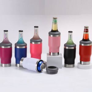 Custom Logo 14Oz Powder Coated Stainless Steel Cooling Tumbler <b>Refrigerator</b> Beer Can Cooler Holder With Opener Dual Lids - Product Image 2