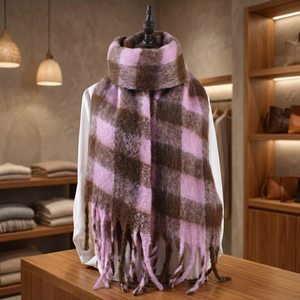 Bufanda Clásica Versátil a Rayas y Cuadros, Envoltura de Cuello de Invierno con Borlas de Imitación de Cachemira - Product Image 2