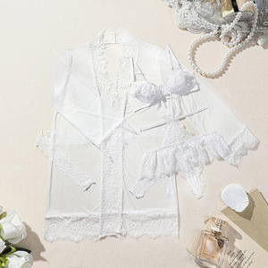 High Quality Women's Fashionable Lightweight Lace Embroidery <b>Perspective</b> Hollow Out Seduction Underwear Three Piece Set - Product Image 6