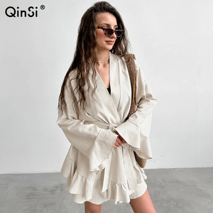 Qosi jubah Ruffle piyama polos wanita, dengan sabuk katun Linen pakaian tidur wanita dua potong Set pakaian tidur wanita katun - Product Image 1