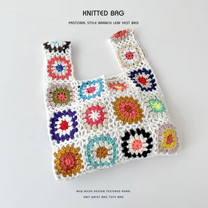 Sac en laine fait main rétro pastoral pour femmes Collection printemps été pur tissé à la main sac fait main de <span class=keywords><strong>grand</strong></span>-mère à la mode - Product Image 2