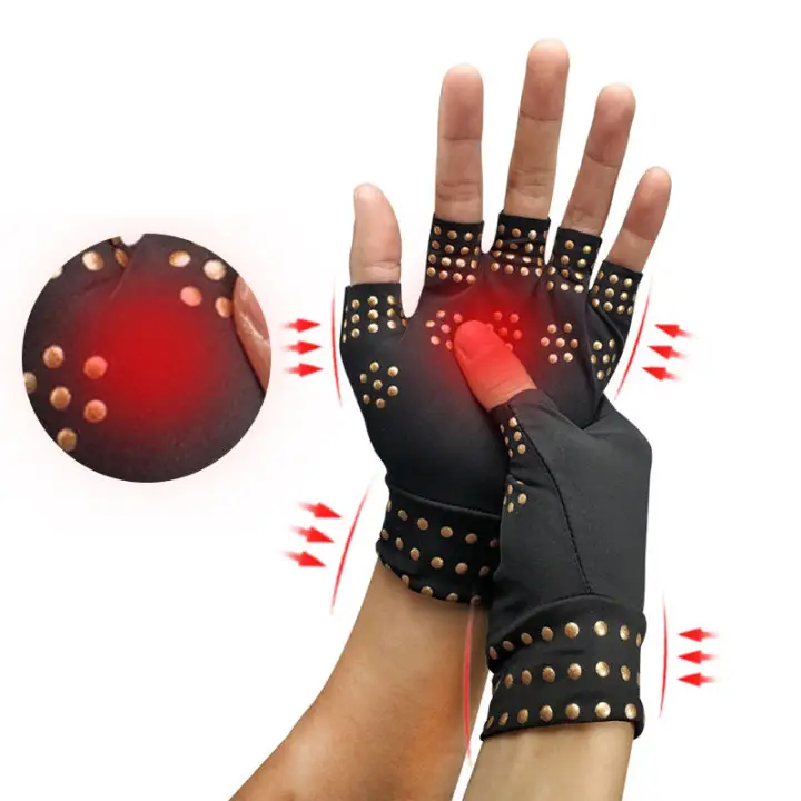 Guantes magnéticos de compresión para alivio del dolor de artritis, manos de cobre, sin dedos