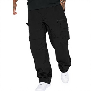 <b>Men</b> Black Cargo Pants <b>Elastic</b> Waist Multiple Pockets Casual Style Midweight Polyester <b>Trousers</b> Autumn Wear - Product Image 1