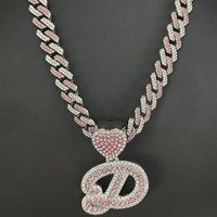 Collier Hip Hop Bling avec Pendentif Lettre Cursive A-Z Cœur Rose Glacé en Alliage et Zircon Cubique Rose-Blanc, Chaîne Cubaine Bicolore, Cadeau de Fête