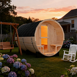 Sauna extérieur en forme de baril - Bois de pin blanc naturel, résistant aux intempéries, avec sièges intégrés - Product Image 2