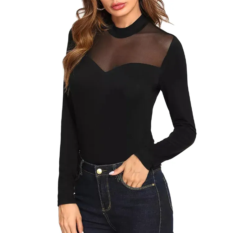 Blusa negra de manga larga para mujer, blusa Sexy ajustada de malla