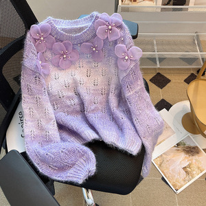 Pull dégradé 3D à fleurs perlées pour femme - Pull décontracté ajouré tendance - Product Image 2